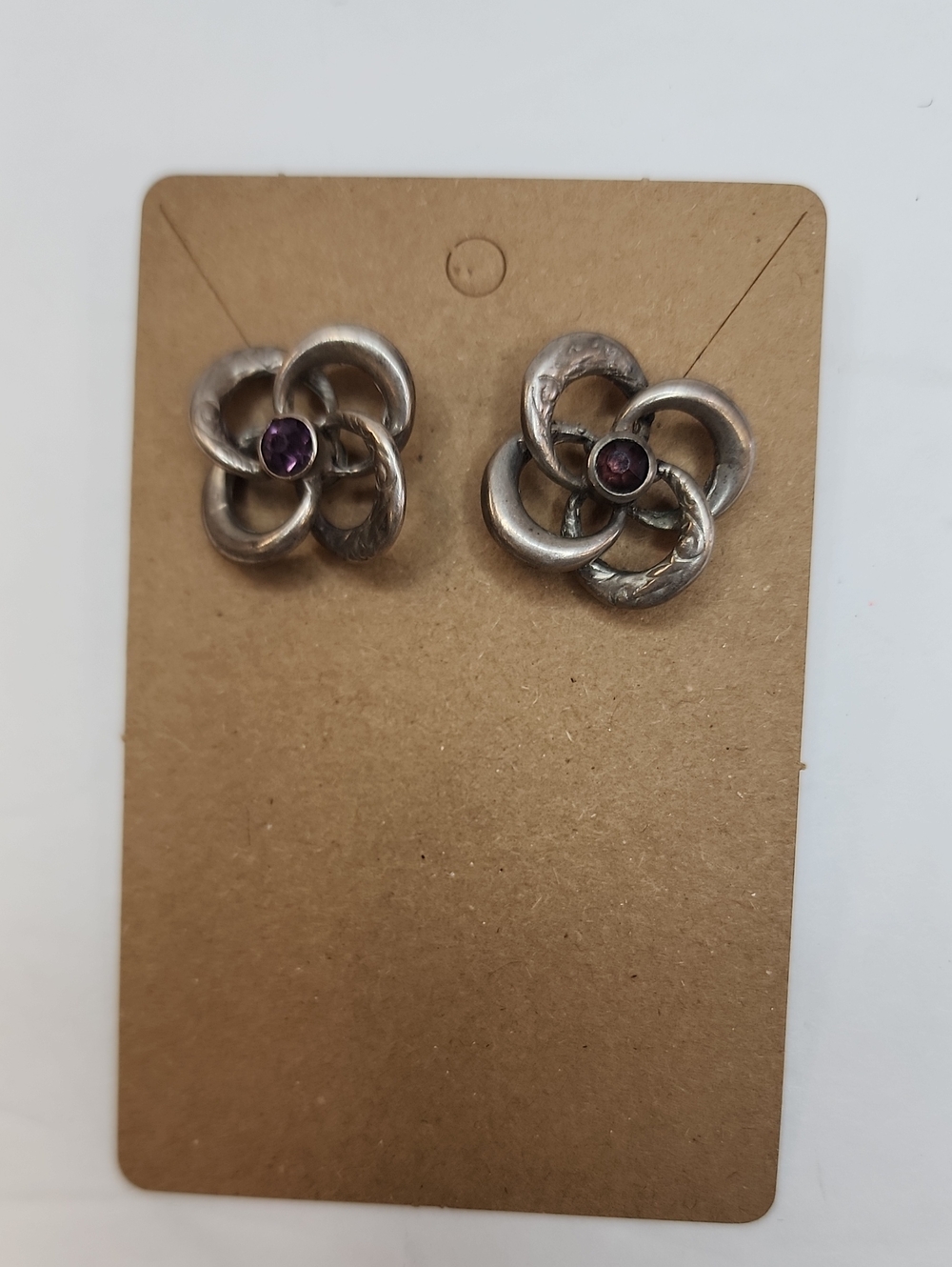 Vintage Silver Tone Flower Stud Earrings Purple Stone Rose Floral Jewelry